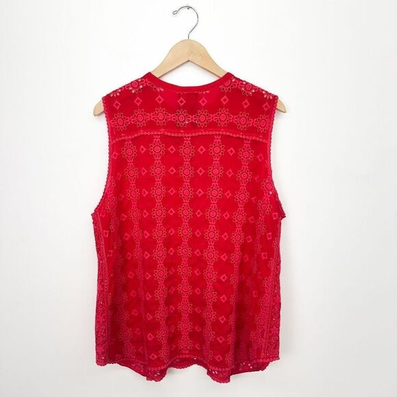 Johnny Was Women’s Red Floral Symmetrical Boho Eyelet Sleeveless Blouse - Picture 2 of 10